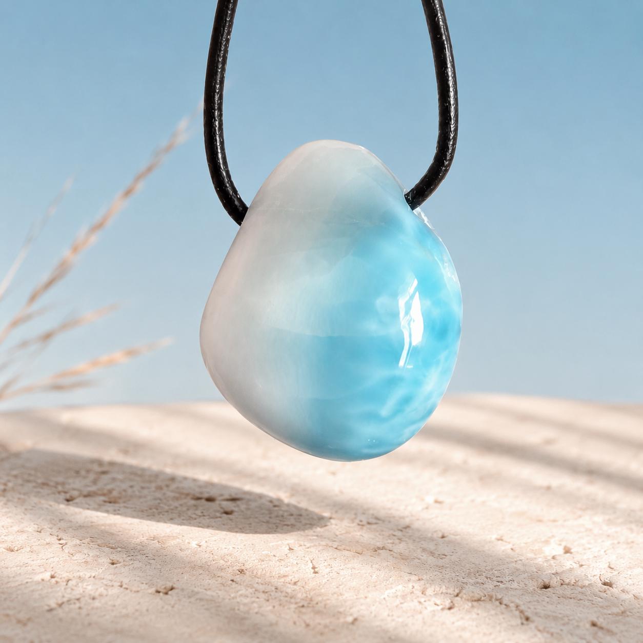 Hochwertiger Larimar Anhänger, Atlantis Stein, 26 x 24 x 10 mm, gebohrt, Larimar gebohrt, an verstellbarem Lederband