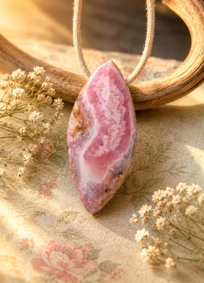 Rhodochrosit Navette förmig Anhänger, 41 x 19 x 10 mm, gebohrt, an verstellbarem Lederband