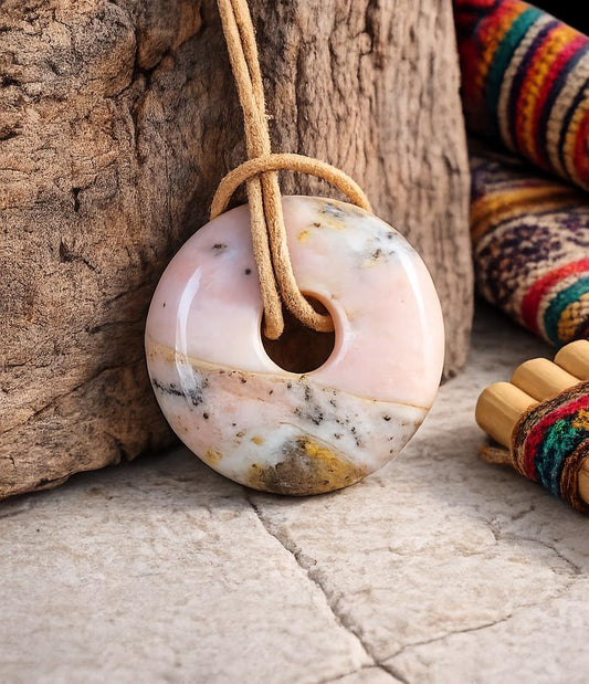 Opal aus Peru rosa Andenopal Donut Anhänger, 30 x 7 mm, gebohrt, an verstellbarem Lederband, rosa Opal, pink Opal Peru