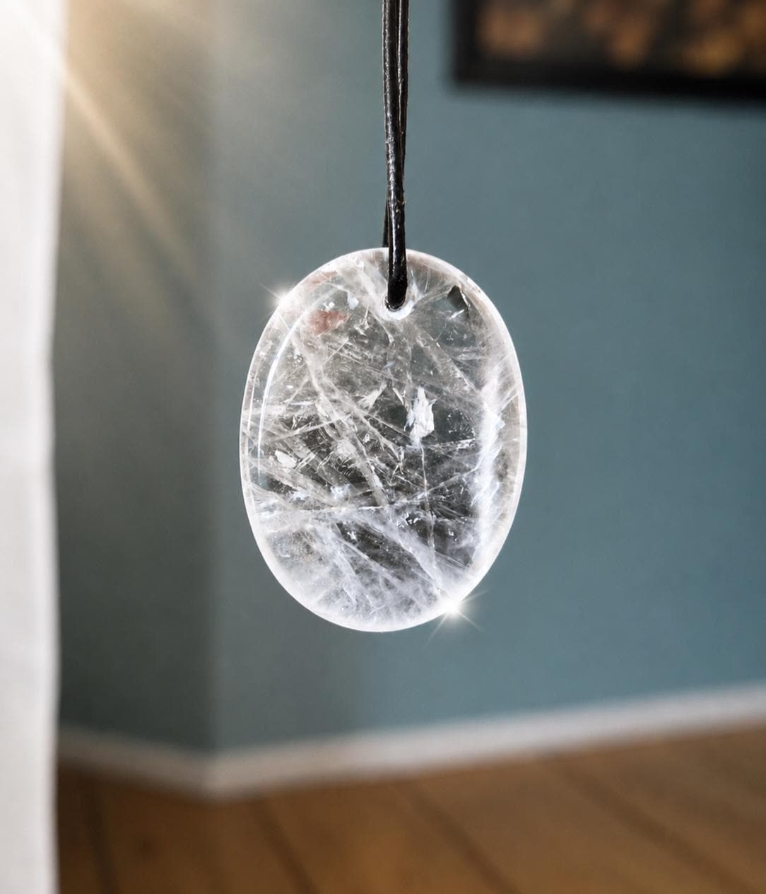 Bergkristall Daumenstein Quarz Anhänger, "worry stone förmig", 40 x 30 x 6 mm, gebohrt, an verstellbarem Lederband