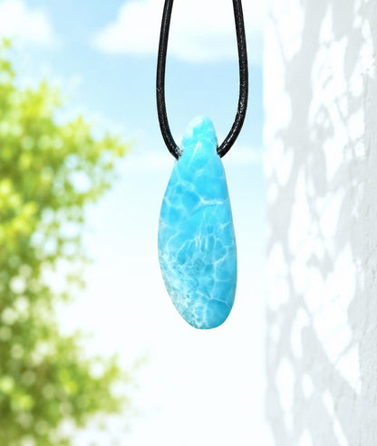 Kleiner zierlicher Larimar, Atlantis Stein Anhänger, 33 x 12 x 7 mm, gebohrt, Larimar Anhänger, gebohrt, an verstellbarem Lederband