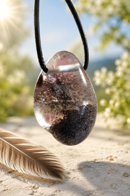 Lodolith Schamanenstein Bergkristall Inclusen Quarz, 31 x 22 x 12 mm, gebohrt, an verstellbarem Lederband