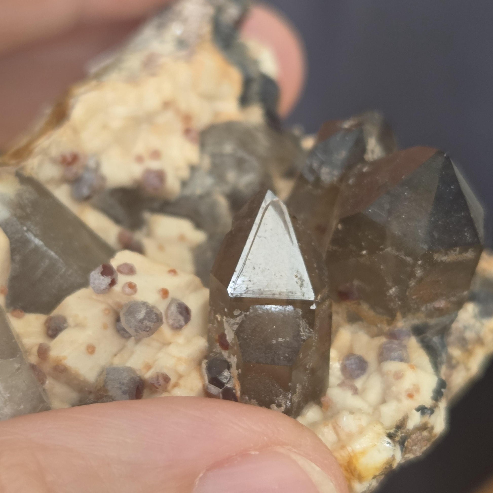 Rauchquarz mit Spessartin Granat auf Feldspat Stufe, Sammlerstein, Heilstein, 50 x 60.x 40 mm, 71,64 g., 358,25 ct.