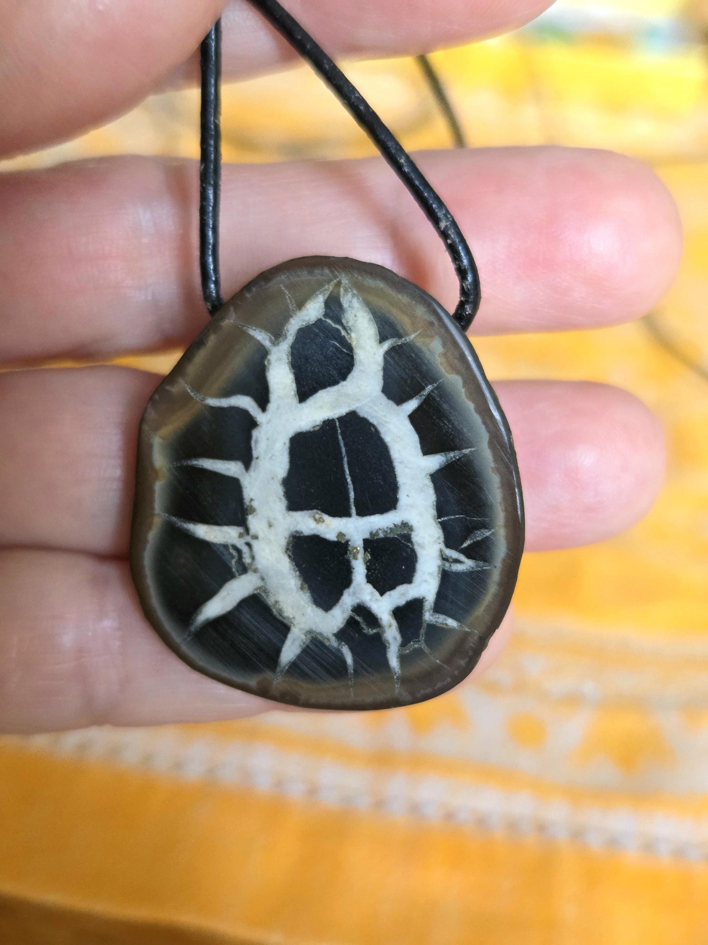 Seltener Septarie Stein, Drachen Stein, Drachenei, Fossil fossiler Schmuck Anhänger, 37 x 33 x 12 mm, gebohrt, an verstellbarem Lederband