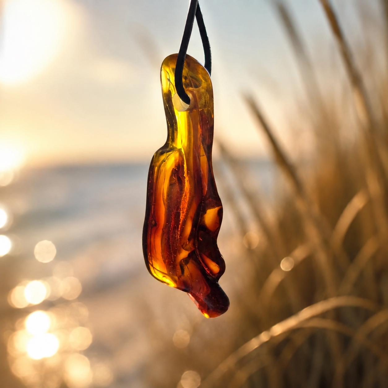 Großer baltischer Bernstein Anhänger, Amulett, Amber pendant, 58 x 18 x 15 mm, an verstellbarem Lederband