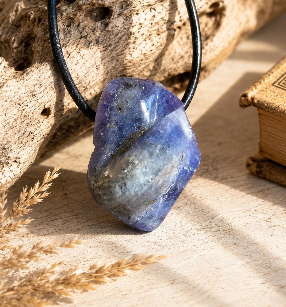 Kleiner feiner Tansanit, Tanzanit Rohstein Anhänger Kristall , 23 x 16 x 11 mm, gebohrt an verstellbarem Lederband