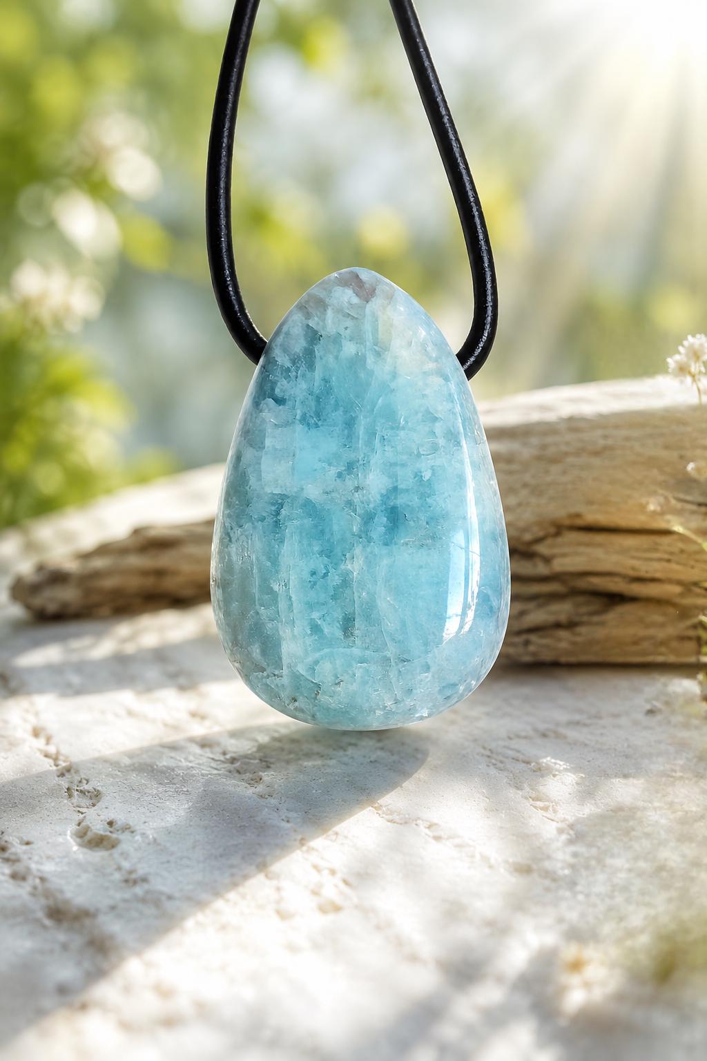 Aquamarin Anhänger, 29 x 22 x 9 mm, gebohrt, an verstellbarem Lederband