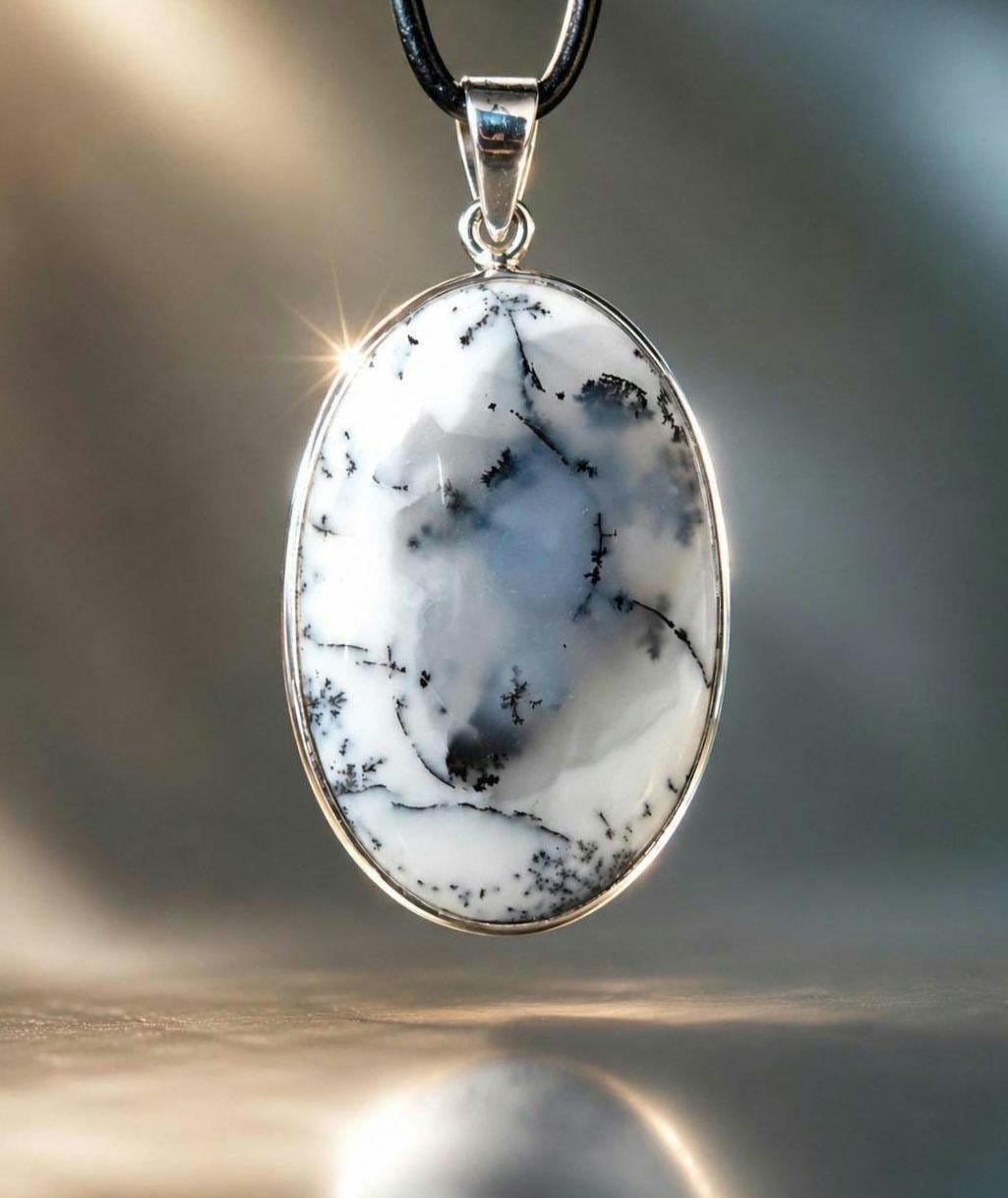 Traumhafter Dendriten Opal, Merlinit aus Madagaskar, Anhänger 47 x 25 x 8 mm, an 925er SilberÖse, an verstellbarem Lederband