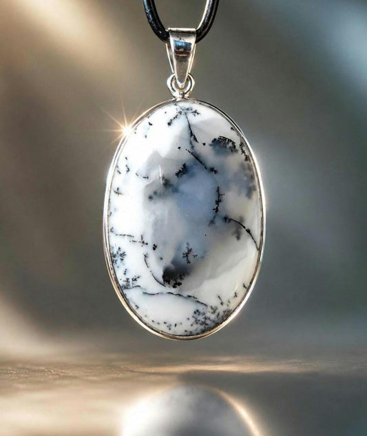 Traumhafter Dendriten Opal, Merlinit aus Madagaskar, Anhänger 47 x 25 x 8 mm, an 925er SilberÖse, an verstellbarem Lederband