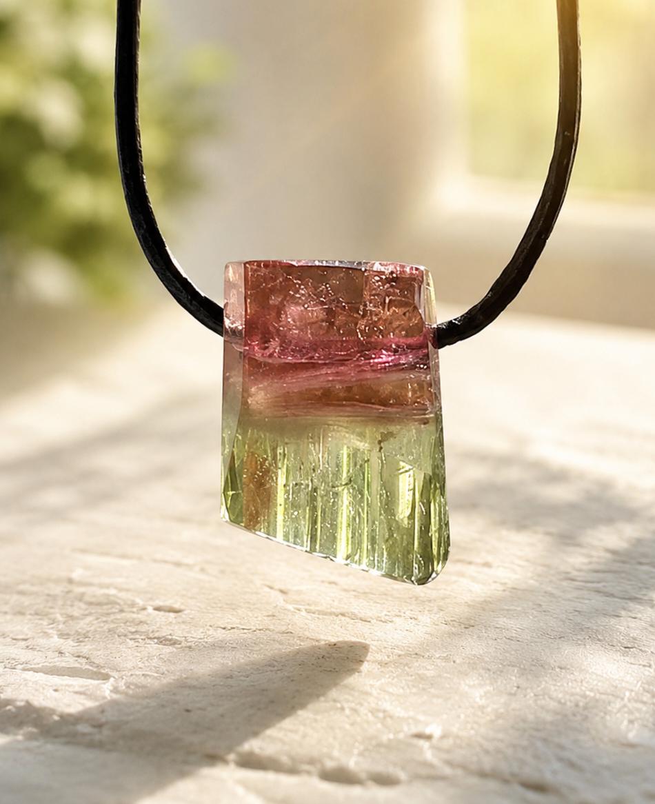 Bicolor Turmalin pink rosa gelb grün Turmalin, Rubellit Verdelith Wassermelonen Turmalin Anhänger, 20 x 14 x 15 mm, an Lederband