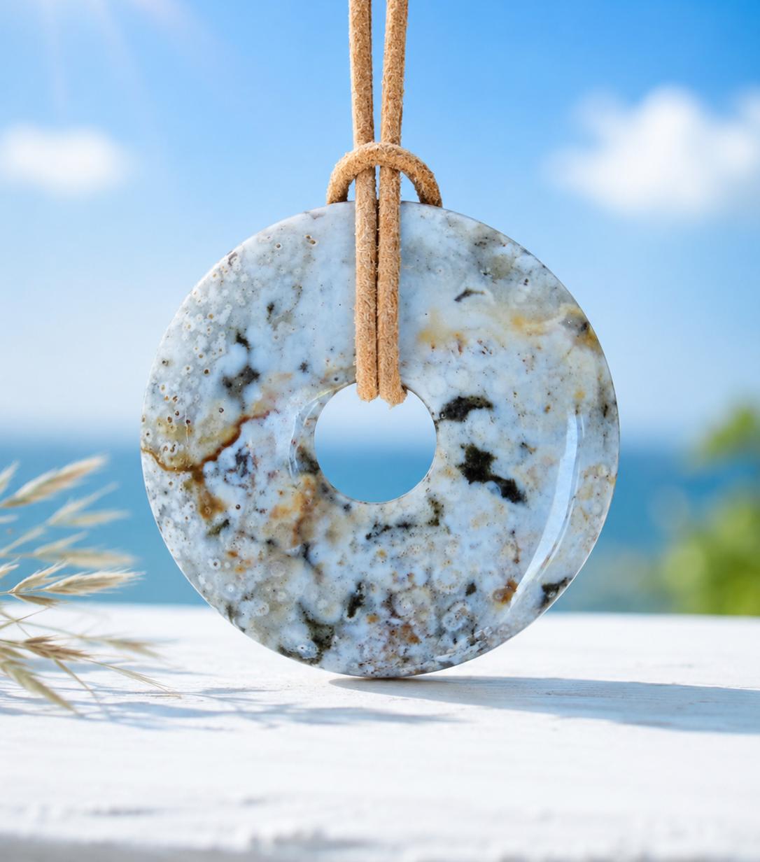 Ozean Jaspis, Ocean Jasper, Ozeanjaspis Donut Anhänger, 40 x 6 mm, gebohrt, an verstellbarem Lederband