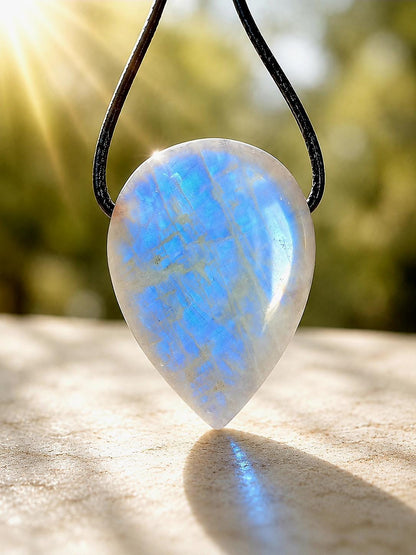 Regenbogen Mondstein, weißer Labradorit, 1 A Qualität, Anhänger, 35 x 26 x 9 mm, gebohrt, an verstellbarem Lederband