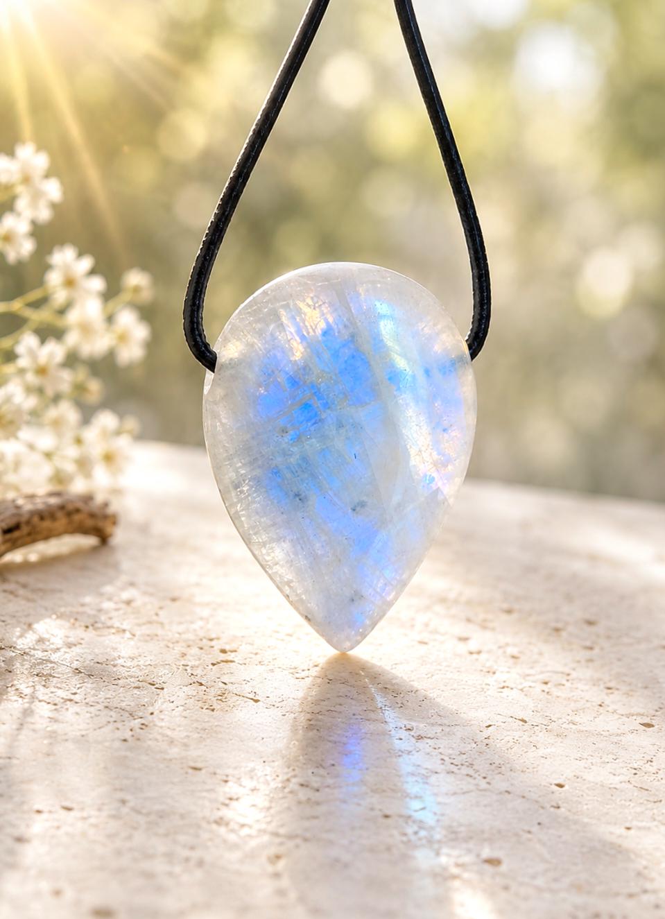 Regenbogen Mondstein, weißer Labradorit, 1 A Qualität, Anhänger, 35 x 26 x 9 mm, gebohrt, an verstellbarem Lederband