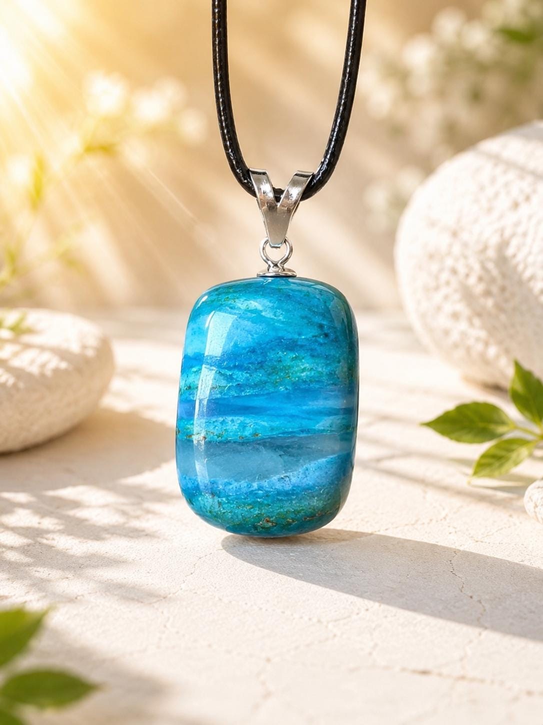 Traumhafter Atacama Opal aus Chile, Anhänger, 37 x 18 x 17 mm, an 925er Silberöse, an verstellbarem Lederband
