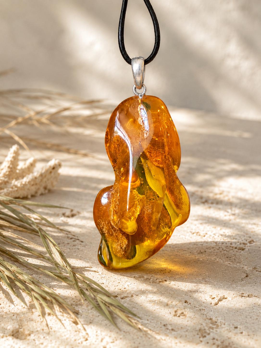 Baltischer Bernstein Anhänger, mit Einschlüssen von Blüten Bernstein Amulett, 63 x 30 x 14 mm, 925er Silberöse, an verstellbarem Lederband