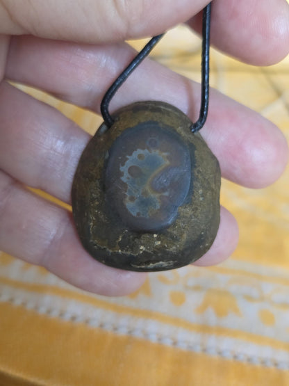 Seltener Septarie Stein, Drachen Stein, Drachenei, Fossil fossiler Schmuck Anhänger, 37 x 33 x 12 mm, gebohrt, an verstellbarem Lederband