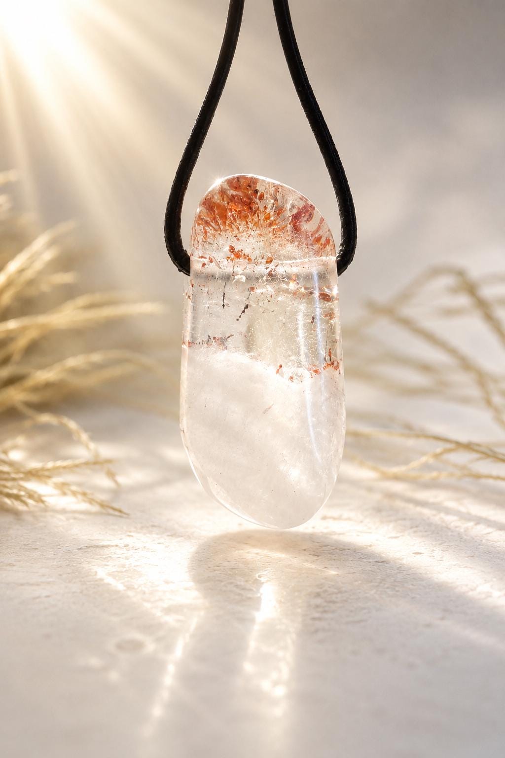 Red Healer, Erdbeer Quarz, Bergkristall mit Hämatit Feuer Quarz Anhänger, 34 x 17 x 12 mm, gebohrt, an verstellbarem Lederband
