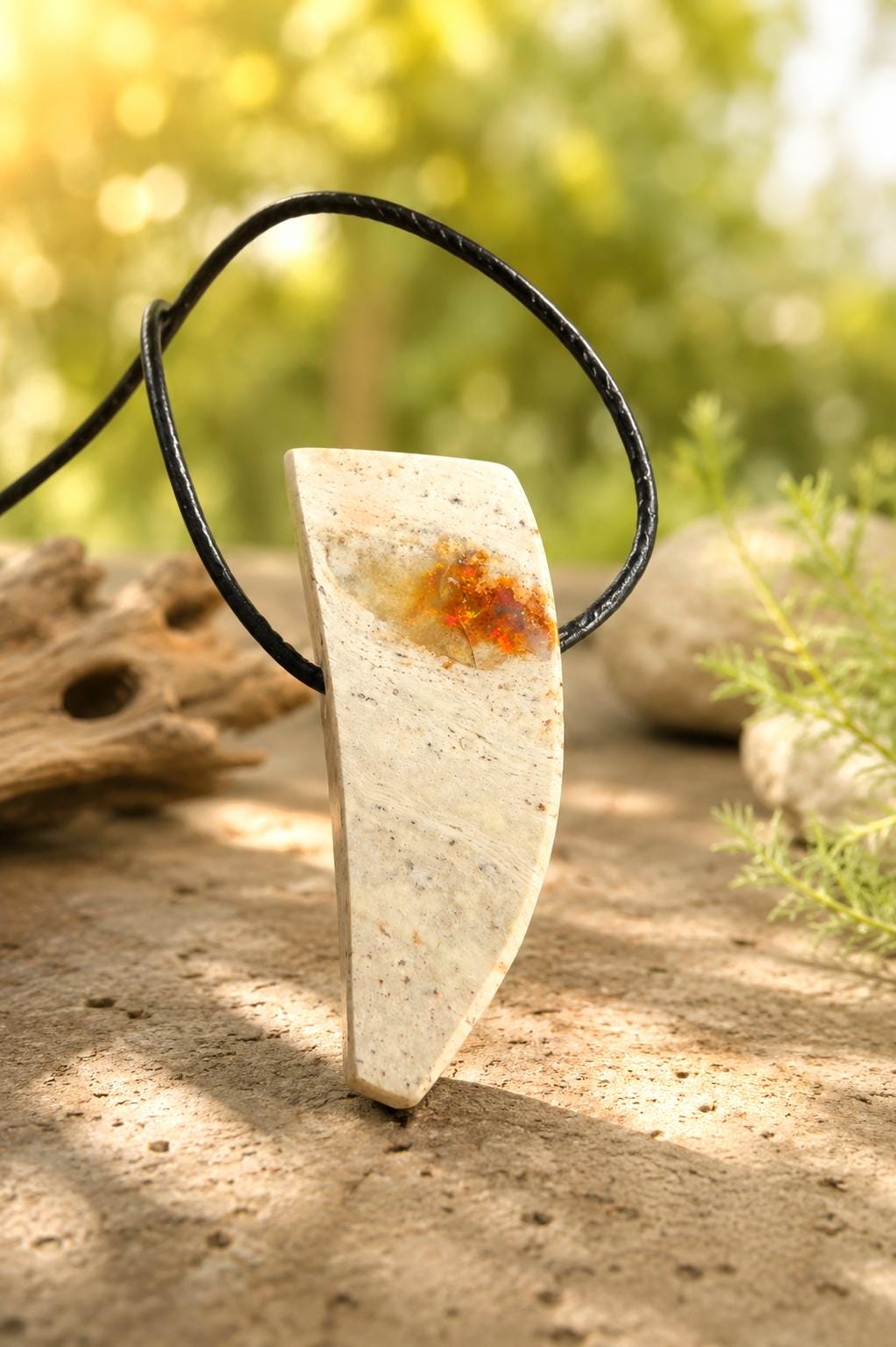 Magischer mexikanischer Feueropal Anhänger, 34 x 15 x 12 mm, handgeschliffenes Unikat, an verstellbarem Lederband