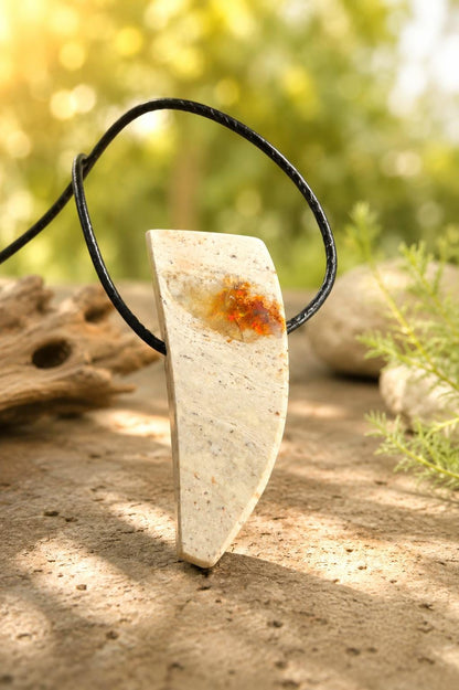 Magischer mexikanischer Feueropal Anhänger, 34 x 15 x 12 mm, handgeschliffenes Unikat, an verstellbarem Lederband