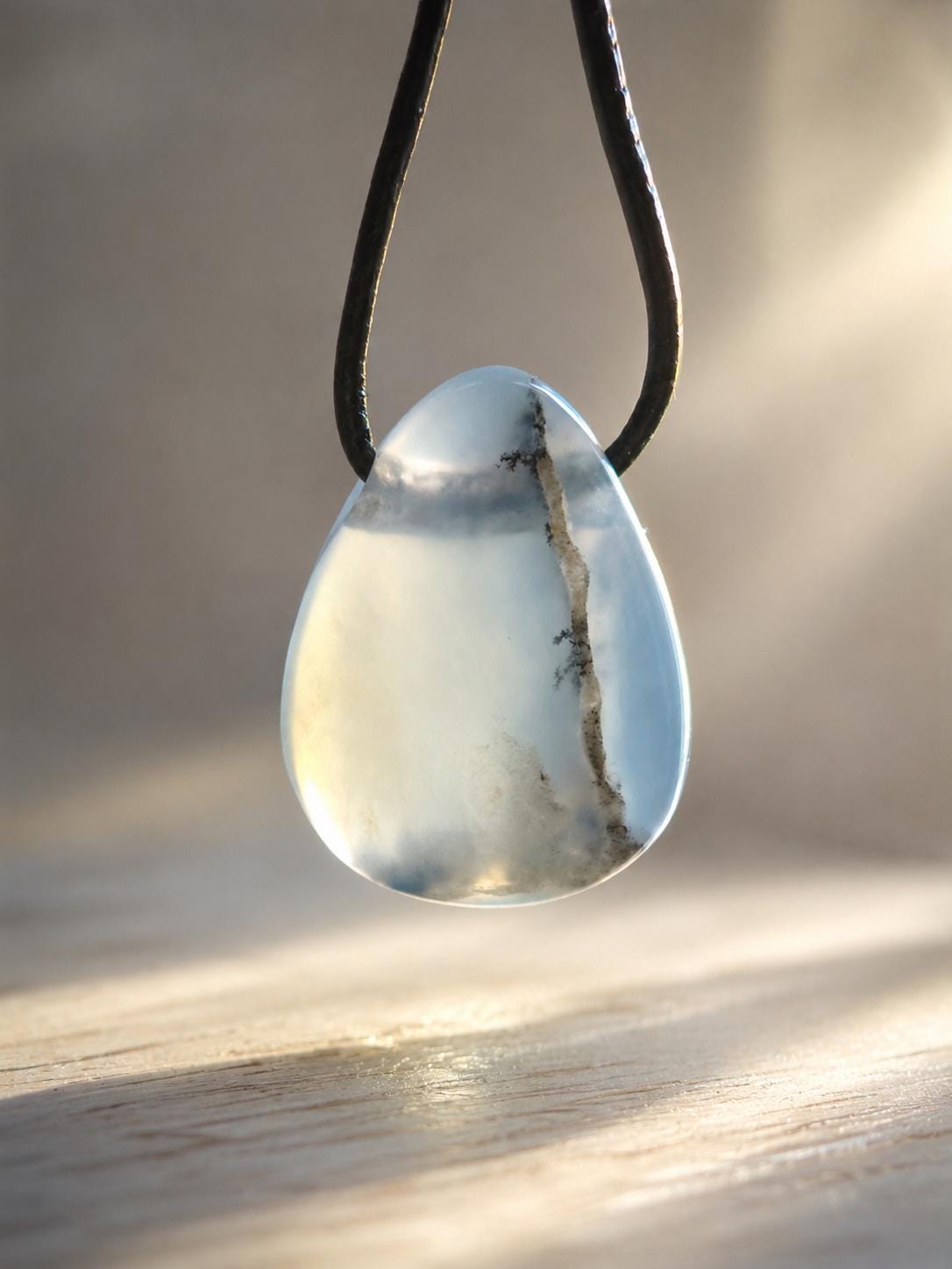 Andenopal blau hellblau beige, Chrysopal, kleiner Anhänger, 24 x 18 x 9 mm, gebohrt, an verstellbarem Lederband