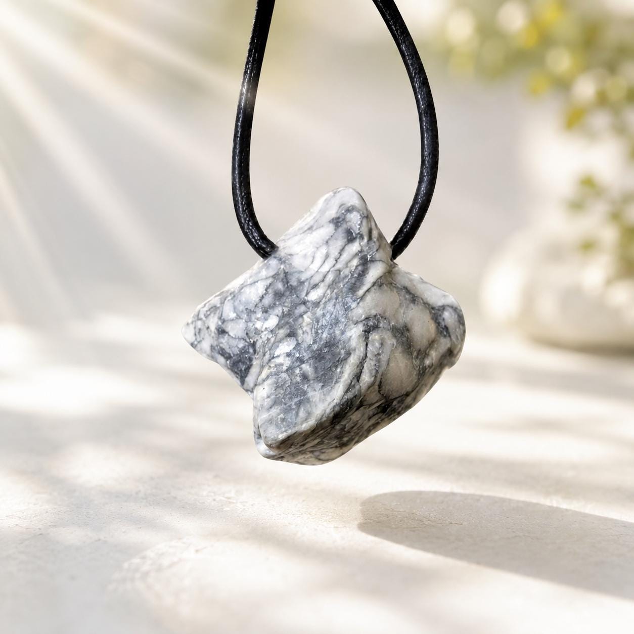 Pinolith Eisblumenmagnesit Chrysanthemenstein Rohstein Anhänger, 25 x 25 x 9 mm, gebohrt, an verstellbarem Lederband