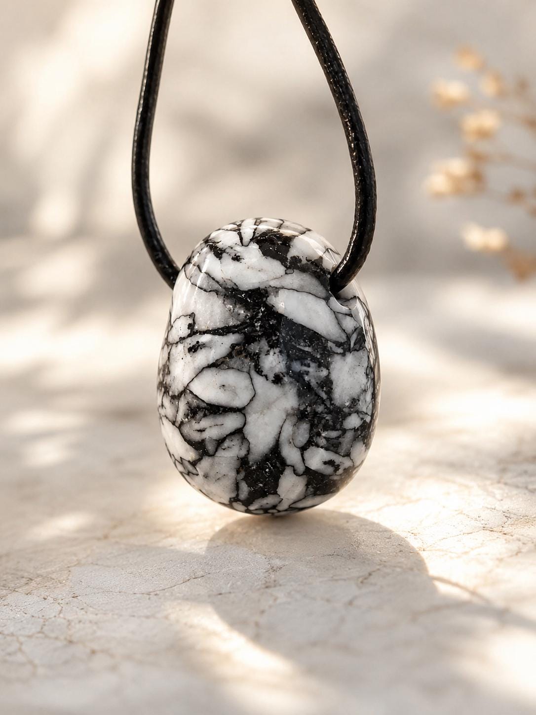 Pinolith Eisblumenmagnesit Chrysanthemenstein Anhänger, 25 x 23 x 19 mm, gebohrt, an verstellbarem Lederband