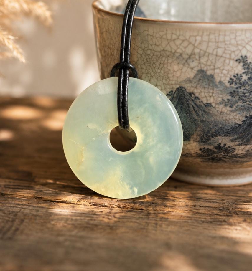 Echte Jade Burma Jade China Jade, Anhänger, Donut, 40 mm an Lederband Jade Pendant | Chinese Pi Disc | Lucky Amulet | Feng Shui Jewelry