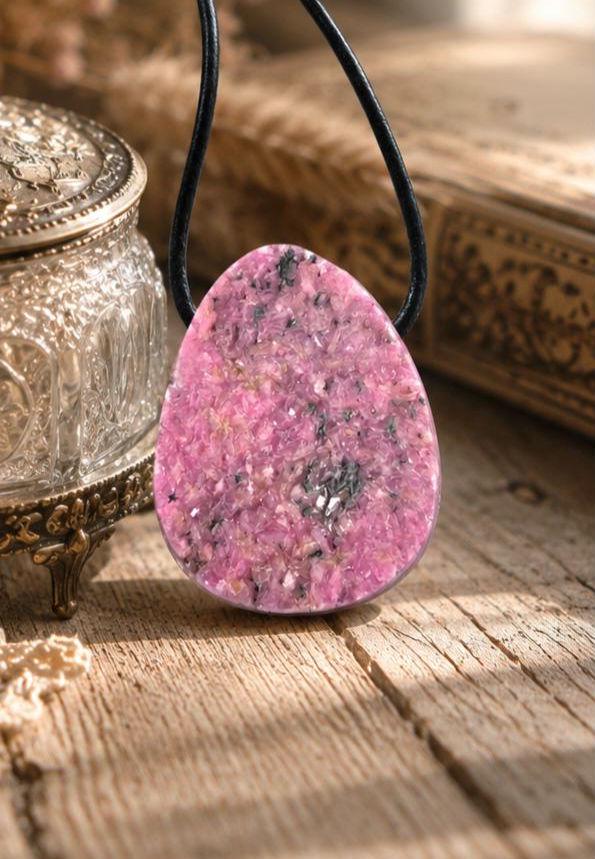 Rosa, pinkfarbener Kobalt Calcit, kobalto calcit, 29 x 24 x 9 mm, gebohrt, an verstellbarem Lederband, Herzöffnung Herzchakra Selbstliebe