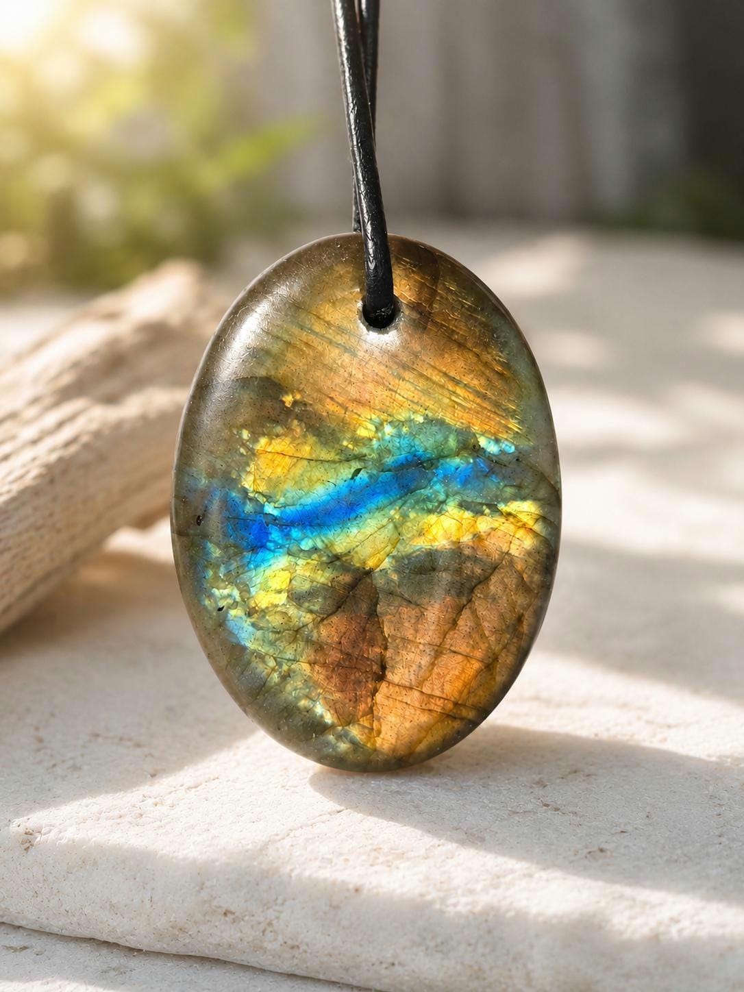 Labradorit, gold apricot, grün blau leuchtender Anhänger 37 x 28 x 7 mm, gebohrt, an verstellbarem Lederband