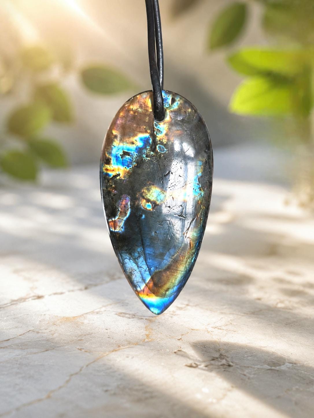 Spektrolith gold, grün, blau leuchtender Labradorit Finnland, Anhänger Kette, spectrolite necklace, 46 x 23 x 6 mm, an Lederband