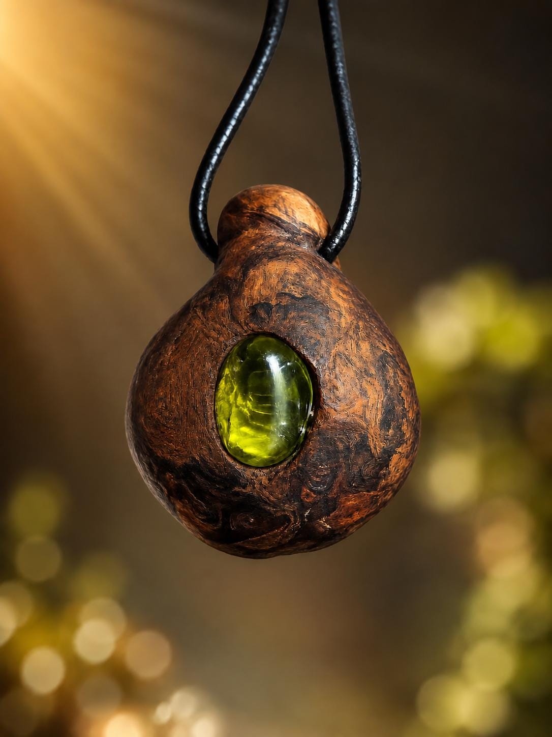 Magische Baumperle der Erle mit Boulder Opal, Holz mit Peridot Olivin Anhänger, 31 x 27 x 24 mm, an verstellbarem Lederband, Druiden Ei
