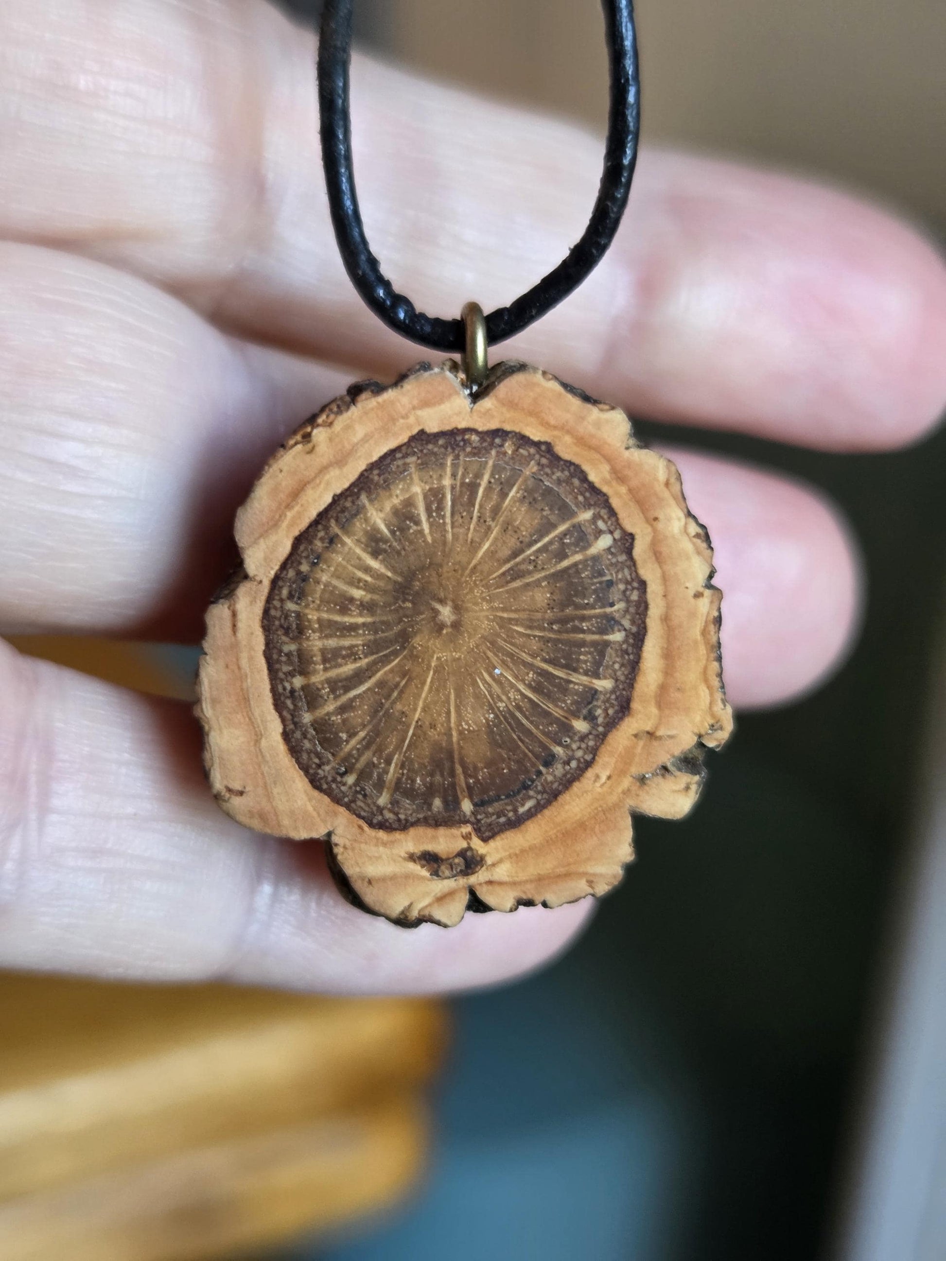 Holz Anhänger der Korkeiche Eiche mit echtem Türkis Edelstein, Holz Anhänger , 31 x 26 x 15 mm, an Messing Öse, an verstellbarem Lederband
