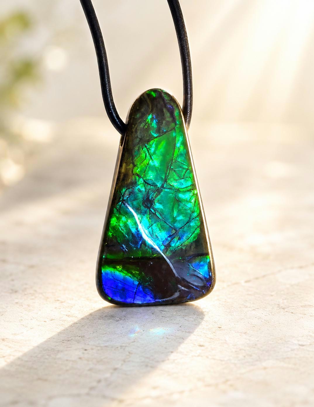 Sehr großer feiner Ammolit Opal Anhänger blau grün , aus Kanada, 44 x 24 x 9 mm, gebohrt, an verstellbarem Lederband