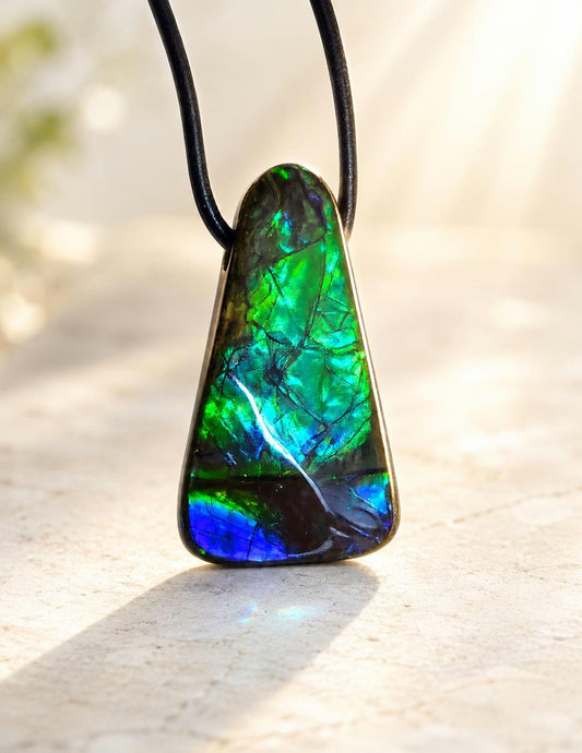 Sehr großer feiner Ammolit Opal Anhänger blau grün , aus Kanada, 44 x 24 x 9 mm, gebohrt, an verstellbarem Lederband