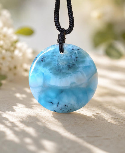 Larimar Atlantis Stein, runder Anhänger Scheibe, 38 x 4 mm, gebohrt, Larimar gebohrt, an verstellbarem Stoffband vegan.