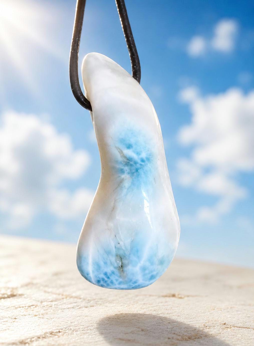 Großer Larimar Anhänger, Atlantis Stein, 48 x 23 x 17 mm, gebohrt, Larimar gebohrt, an verstellbarem Lederband