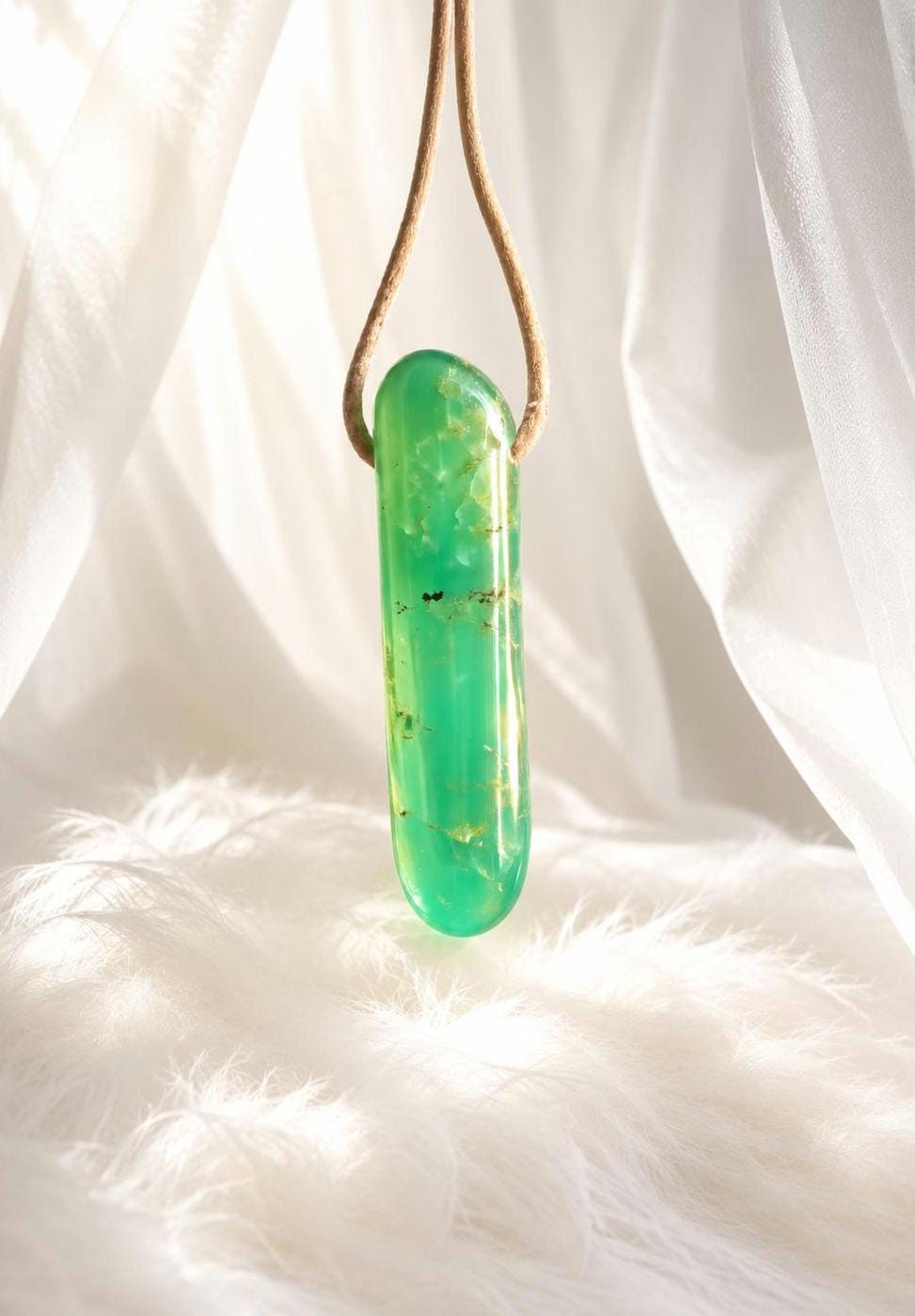 Chrysopras Stäbchen Anhänger, 47 x 14 x 12 mm, gebohrt, an verstellbarem Lederband, Herzchakra, Selbstliebe