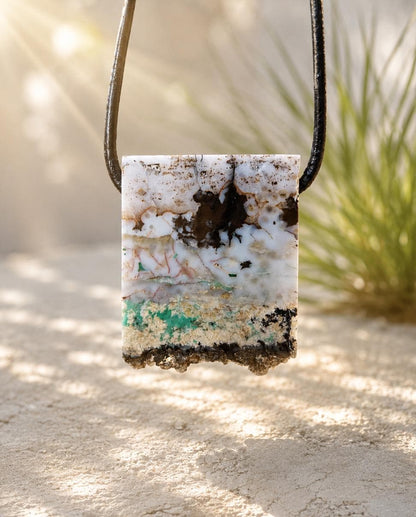 Rarität! Garut Holzopal versteinertes opalisiertes Holz aus Indonesien, Anhänger, 30 x 24 x 8 mm, gebohrt, an verstellbarem Lederband