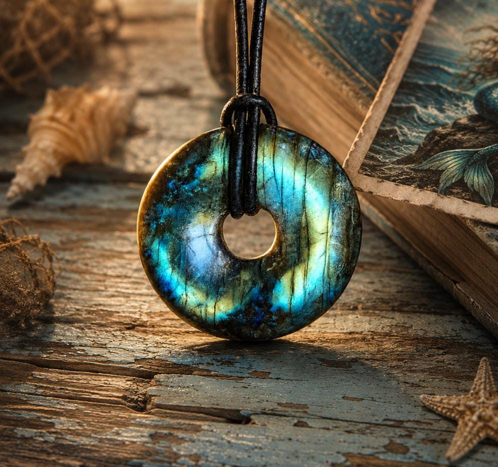 Labradorit blau grün Donut grün blauer Labradorit Anhänger, 30 x 6 mm, gebohrt, an verstellbarem Lederband