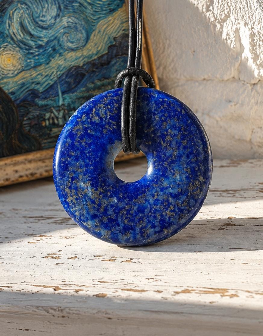 Lapislazuli Lapis Lazuli Donut groß, Anhänger, Stein der Engel, 40 x 6 mm, an verstellbarem Lederband, Hals Chakra, Boho Schmuck Spiritual