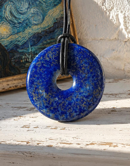 Lapislazuli Lapis Lazuli Donut groß, Anhänger, Stein der Engel, 40 x 6 mm, an verstellbarem Lederband, Hals Chakra, Boho Schmuck Spiritual