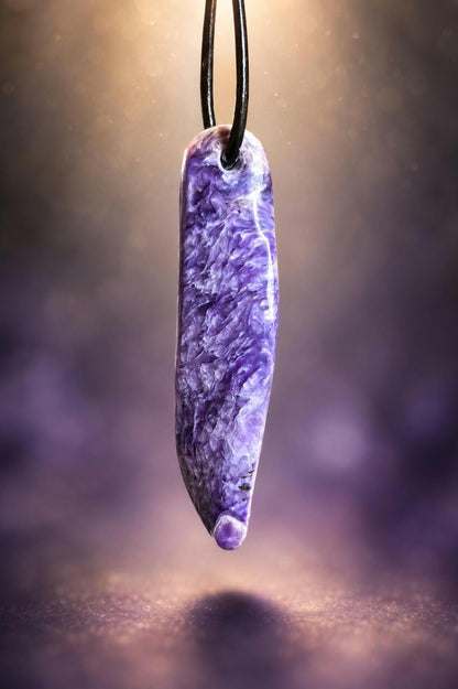 Charoit Anhänger, Charoite Anhänger, 53 x 14 x 9 mm, gebohrt, an verstellbarem Lederband, Stirnchakra Kronenchakra, handgefertigt Unikat