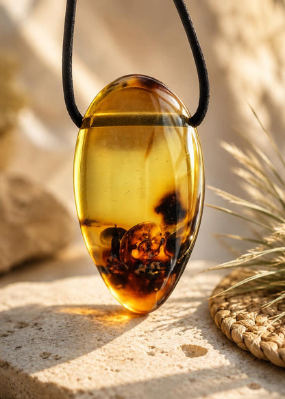 Großer baltischer Bernstein Anhänger, Amulett, Amber pendant, 38 x 21 x 12 mm, an verstellbarem Lederband, Inclusen