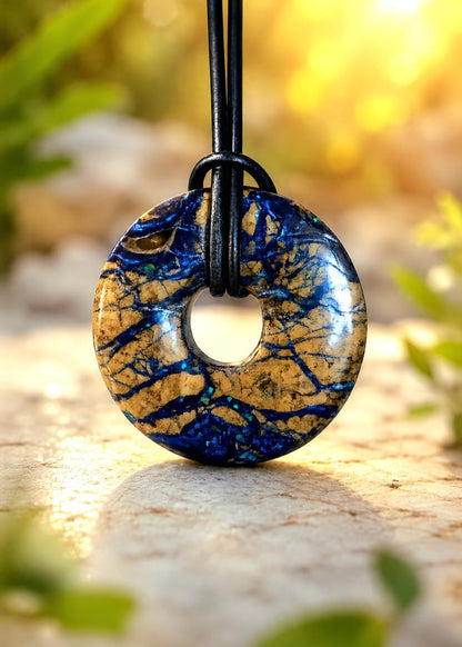 Selten Azurit Malachit Donut Anhänger, 35 x 8 mm, an verstellbarem Lederband, Boho Schmuck Spiritual Hippie Goa Natur Schmuck, Unikat