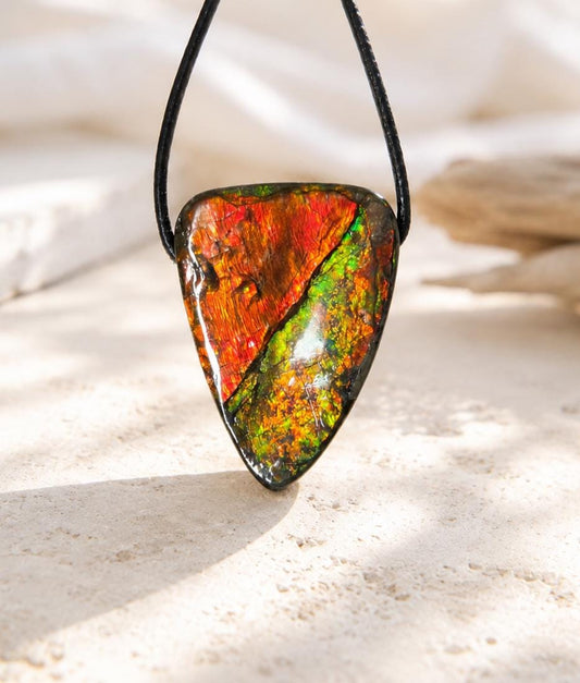 Magischer Ammolit Opal aus Alberta Kanada, Anhänger, 36 x 26 x 10 mm, gebohrt, an verstellbarem Lederband