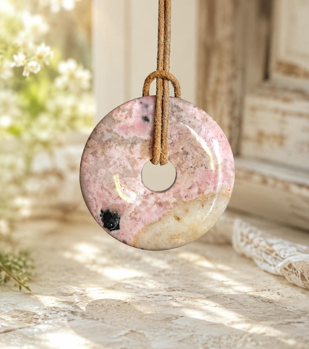 Rhodonit aus Peru Donut Anhänger groß, 45 x 8 mm, an verstellbarem Lederband, rhodonite pedants