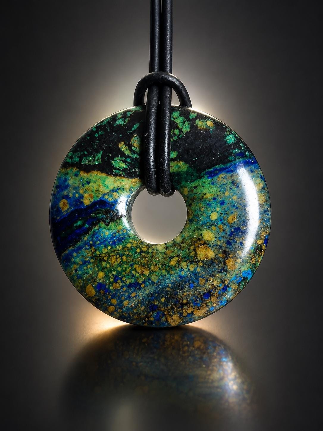 Märchenhafter Azurit Malachit Donut Anhänger, 35 x 8 mm, an verstellbarem Lederband, Boho Schmuck Spiritual Hippie Goa Natur Schmuck
