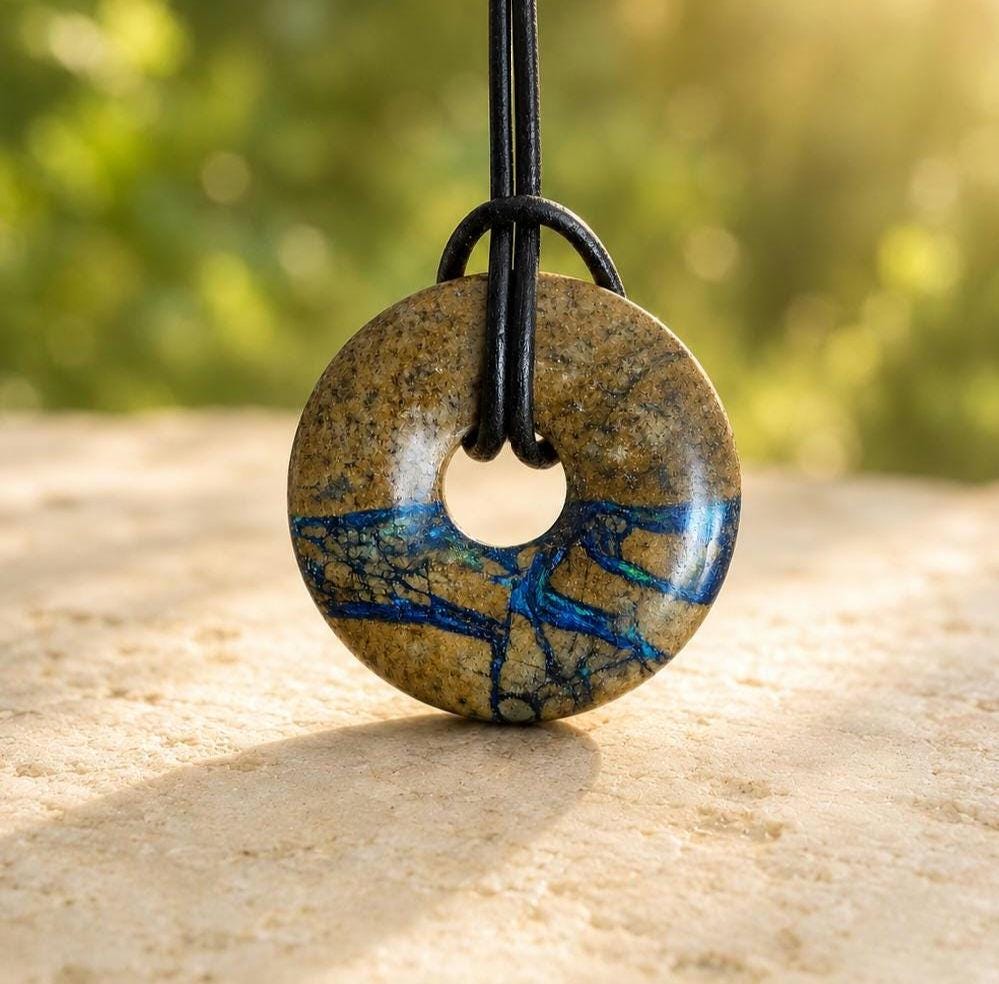 Selten Azurit Malachit Donut Anhänger, 33 x 8 mm, an verstellbarem Lederband, Boho Schmuck Spiritual Hippie Goa Natur Schmuck, Unikat
