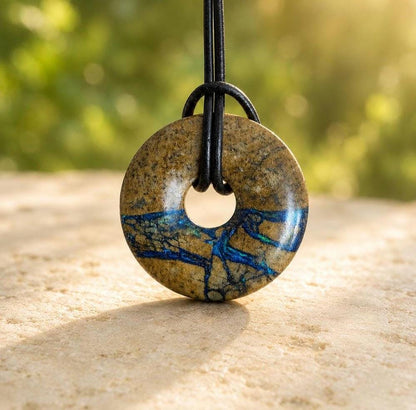 Selten Azurit Malachit Donut Anhänger, 33 x 8 mm, an verstellbarem Lederband, Boho Schmuck Spiritual Hippie Goa Natur Schmuck, Unikat