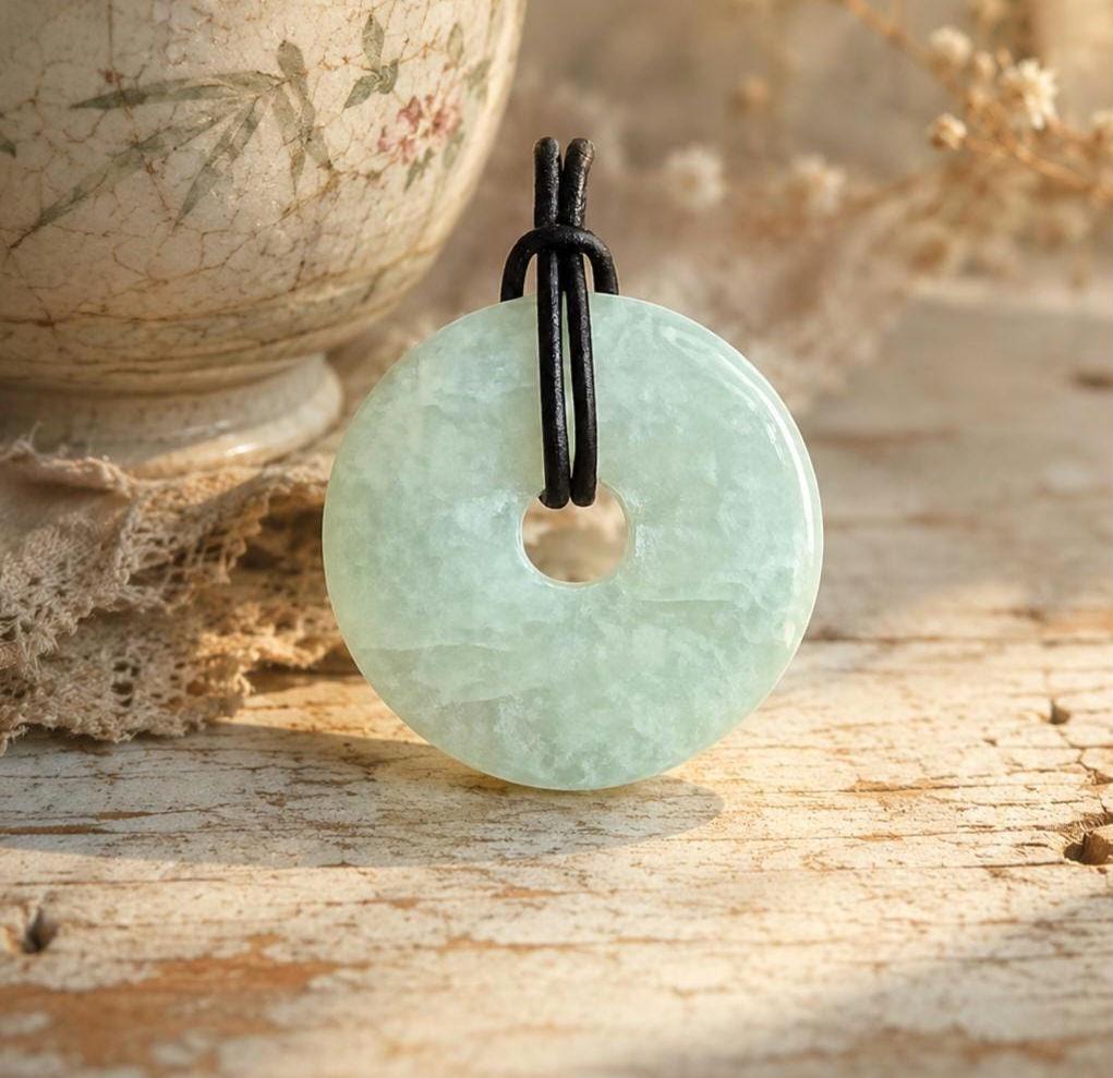 Echte Jade Burma Jade China Jade, Anhänger, Donut groß, 40 mm an Lederband Jade Pendant Chinese Pi Disc Lucky Amulet Feng Shui Jewelry